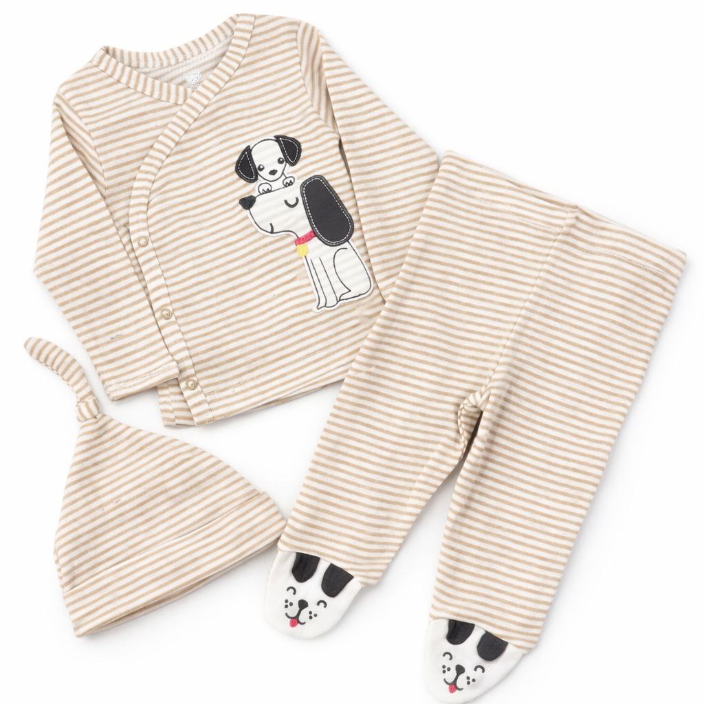 Baby Unisex Beige Stripe 3-Piece Wrap Set with Puppy Print