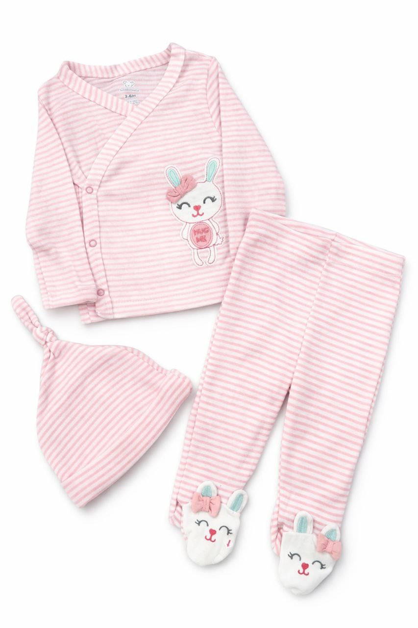 Baby Girl Pink Stripe 3-Piece Wrap Set with Bunny Print