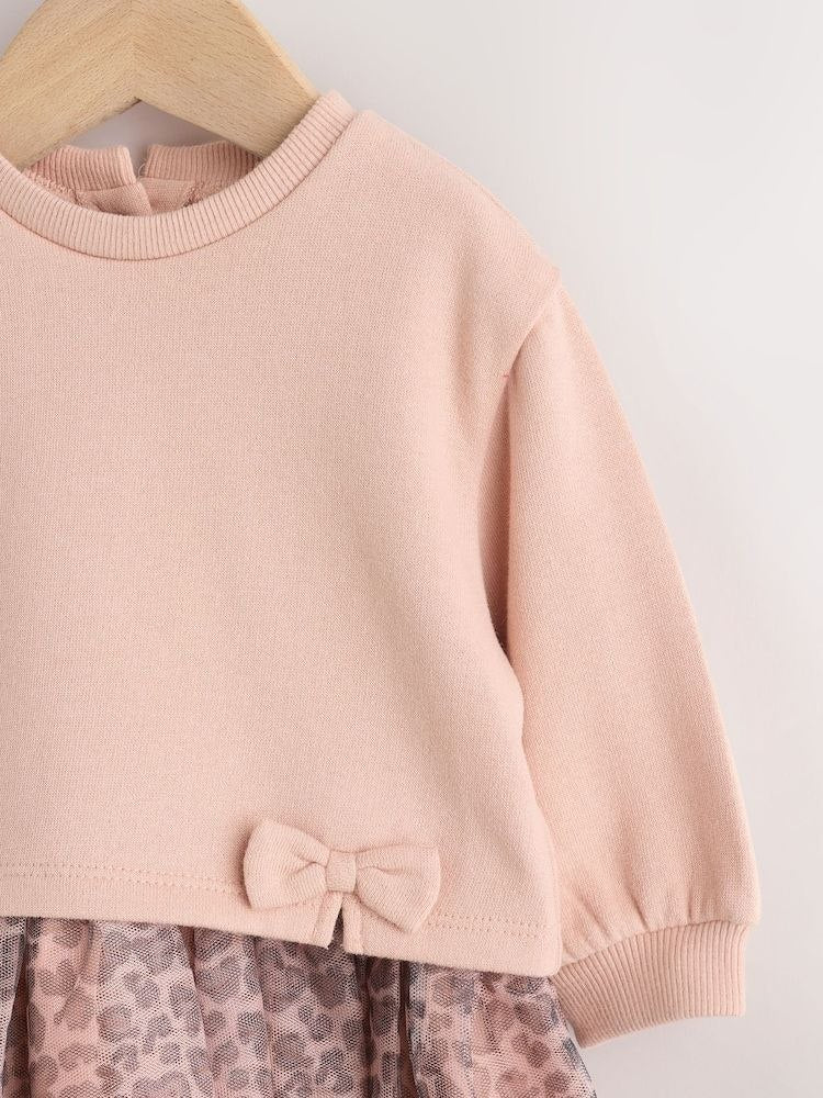 Girls Pink Sweatshirt Style Leopard Print Tulle Dress