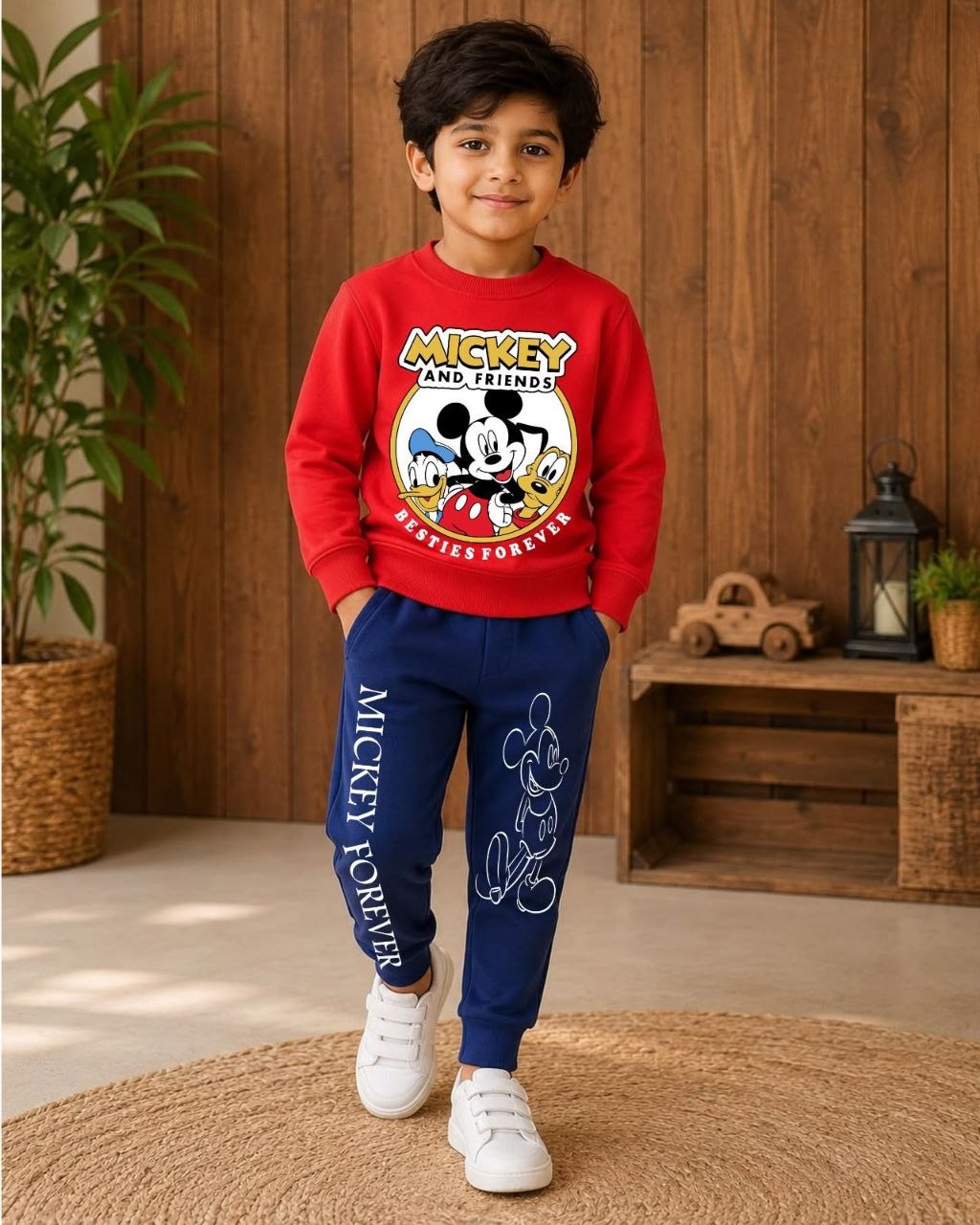 Boys’ Mickey Mouse Printed Sweatshirt & Jogger Set – Red & Navy Blue
