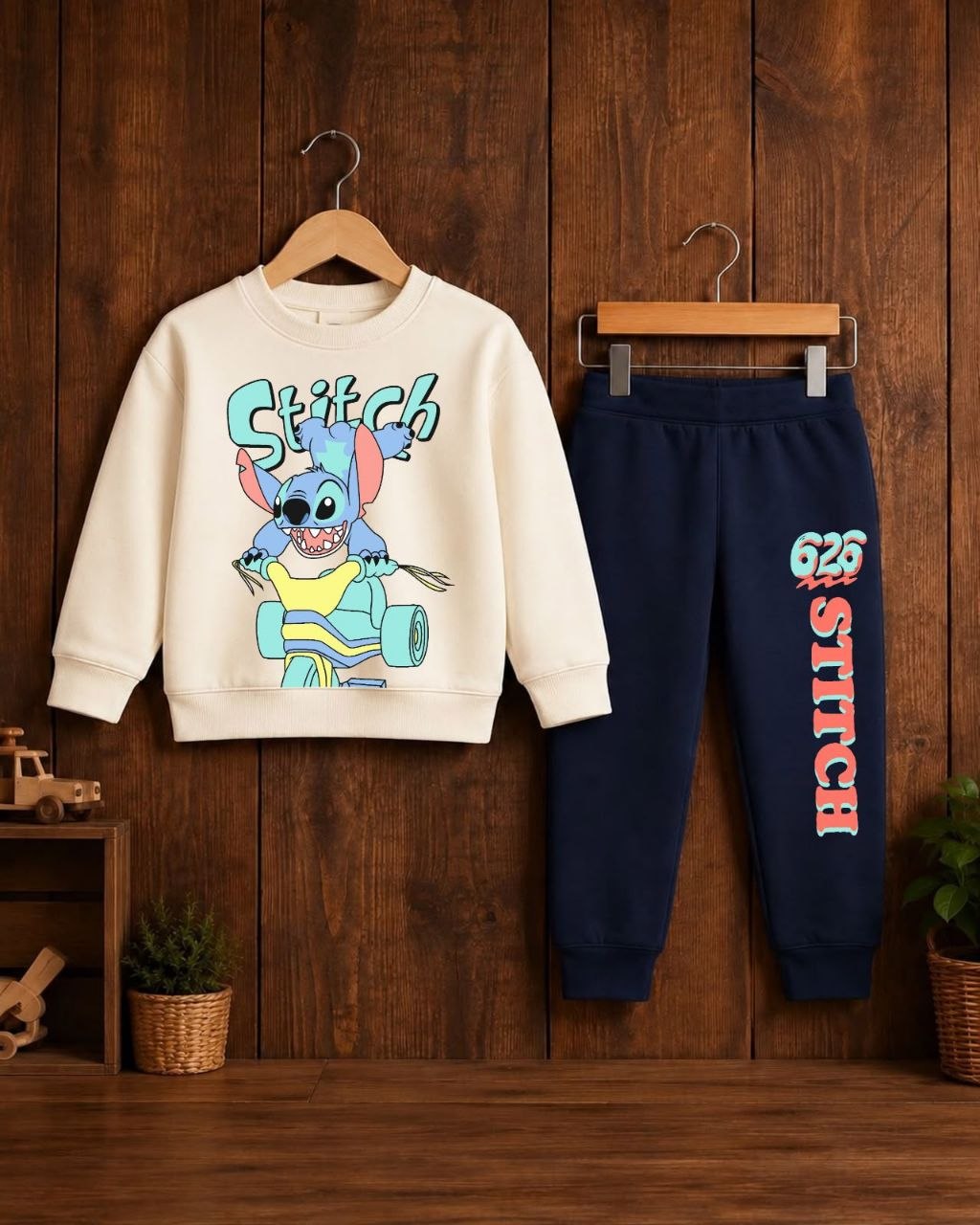 Kids’ Stitch Printed Sweatshirt & Jogger Set – Cream & Navy Blue