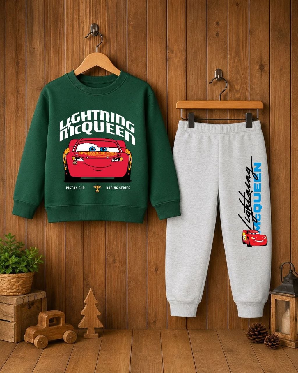 Kids Lightning McQueen Printed Sweatshirt & Jogger Set – Green & Grey