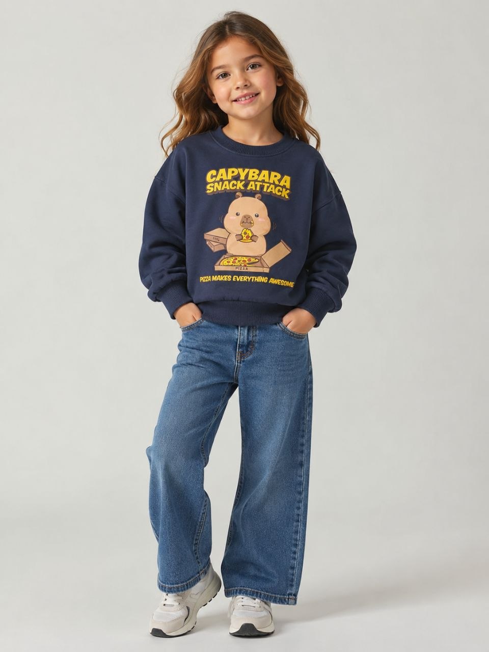 Kids Navy Blue Capybara Pizza Graphic Sweatshirt | Full Sleeve Winter Wear