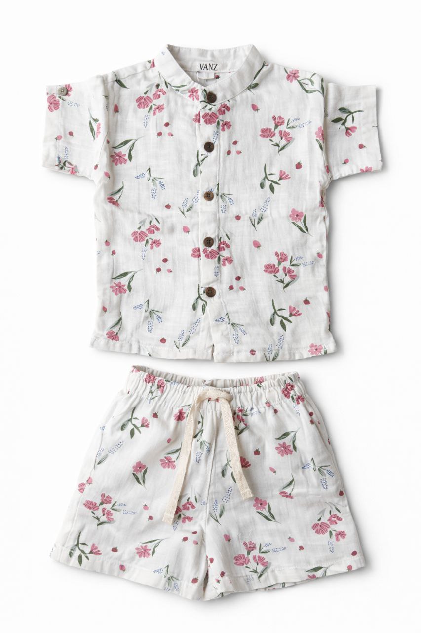 Kids Floral Summer Shirt & Shorts Co-ord Set – Cream