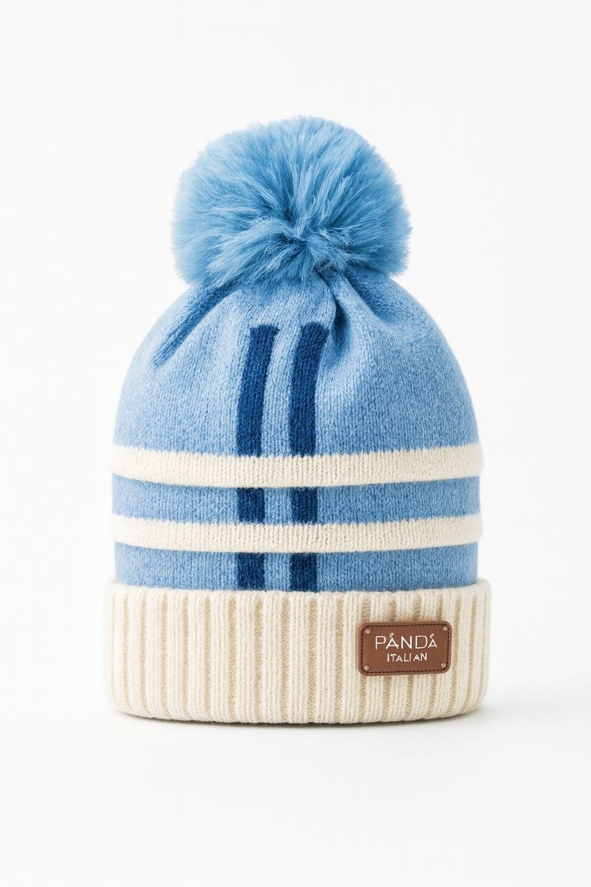 Kids Sky Blue & Cream Knitted Pom-Pom Winter Beanie
