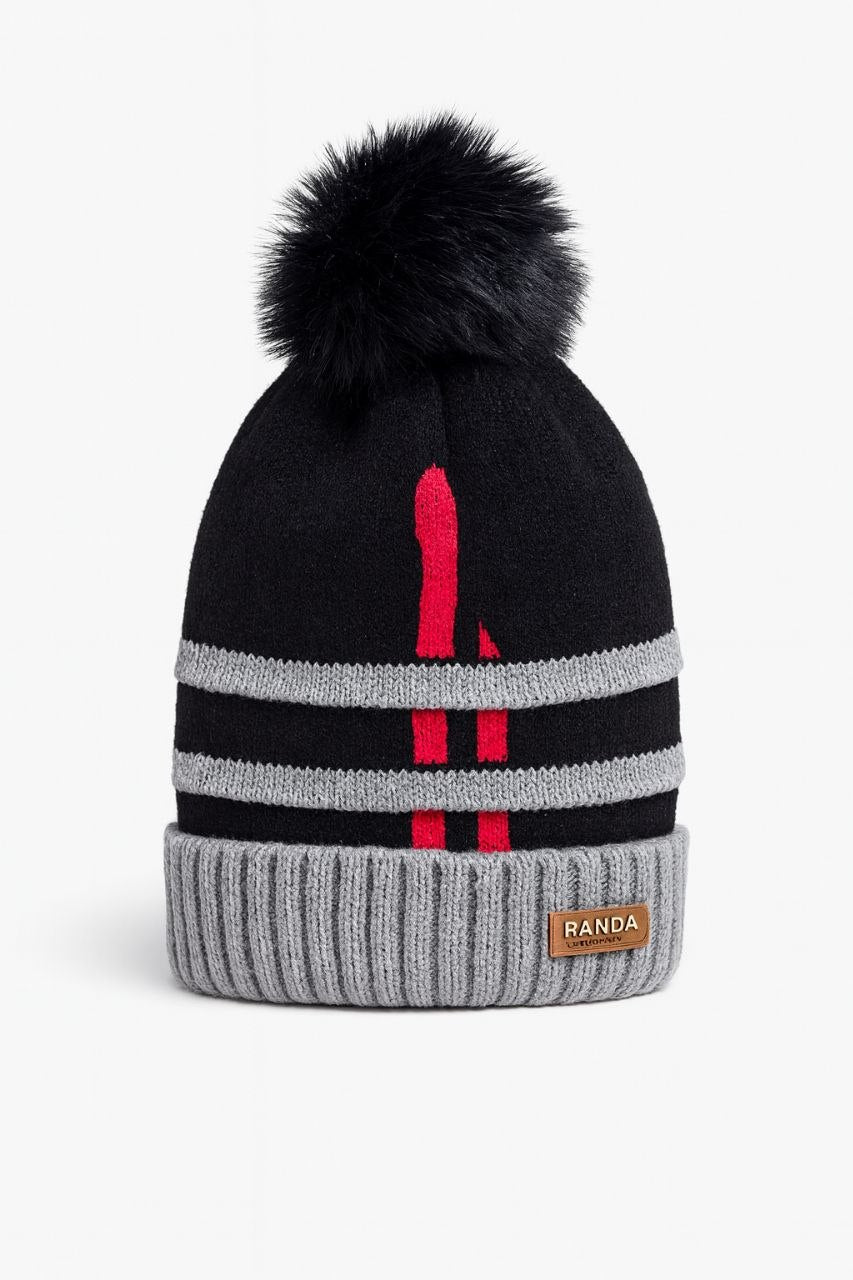 Kids Black & Grey Knitted Pom-Pom Winter Beanie