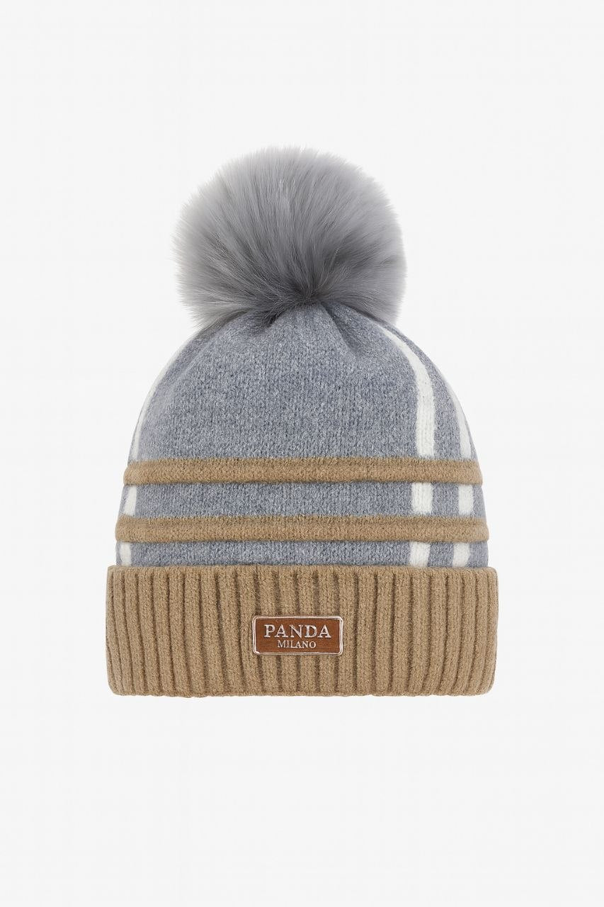 Kids Grey & Beige Knitted Pom-Pom Winter Beanie
