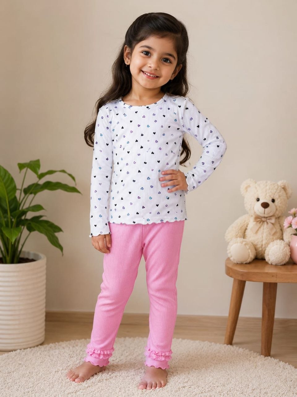 Girls Heart Print Ribbed Top & Pink Lace Leggings Co-Ord Set