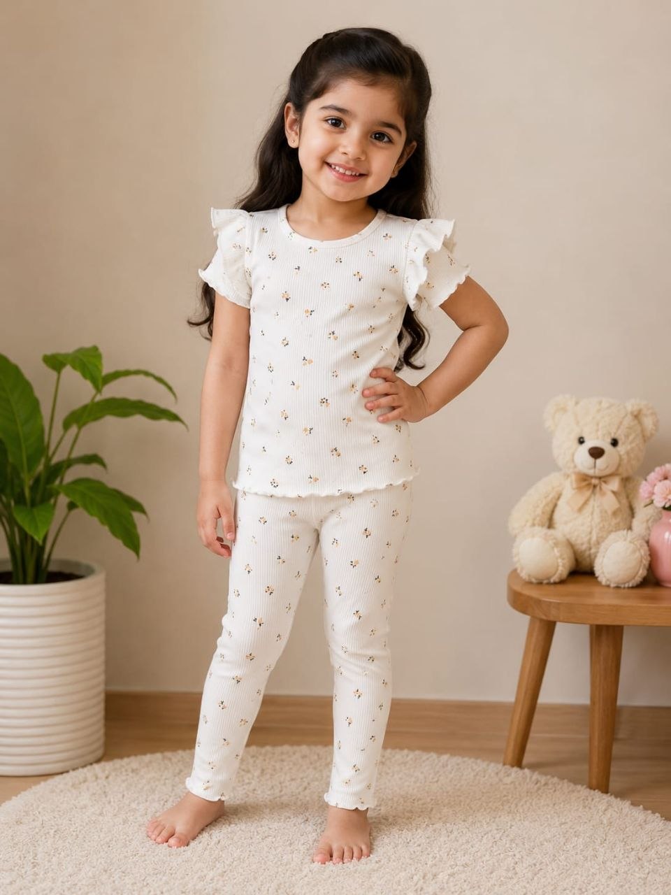 Girls Ditsy Floral Ribbed Co-Ord Set – White Blossom