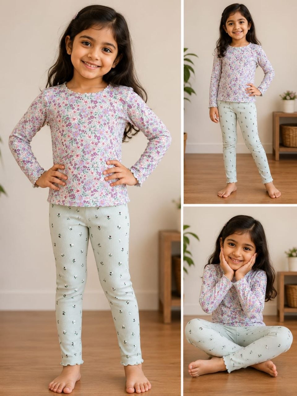 Girls Mint Floral Garden Ribbed Co-Ord Set