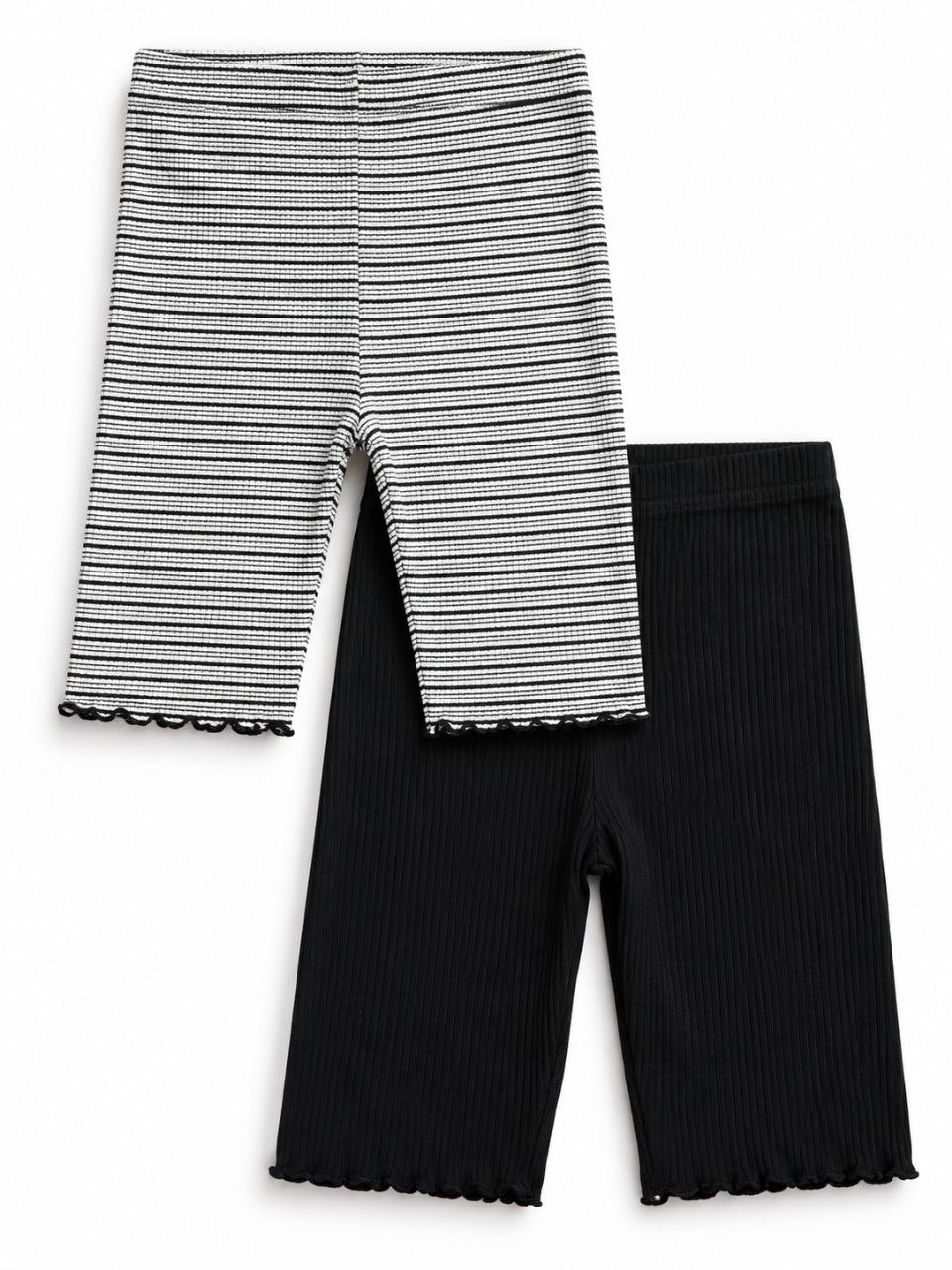 Girls Ribbed Stretch Leggings – Black & White Striped | Set of 2