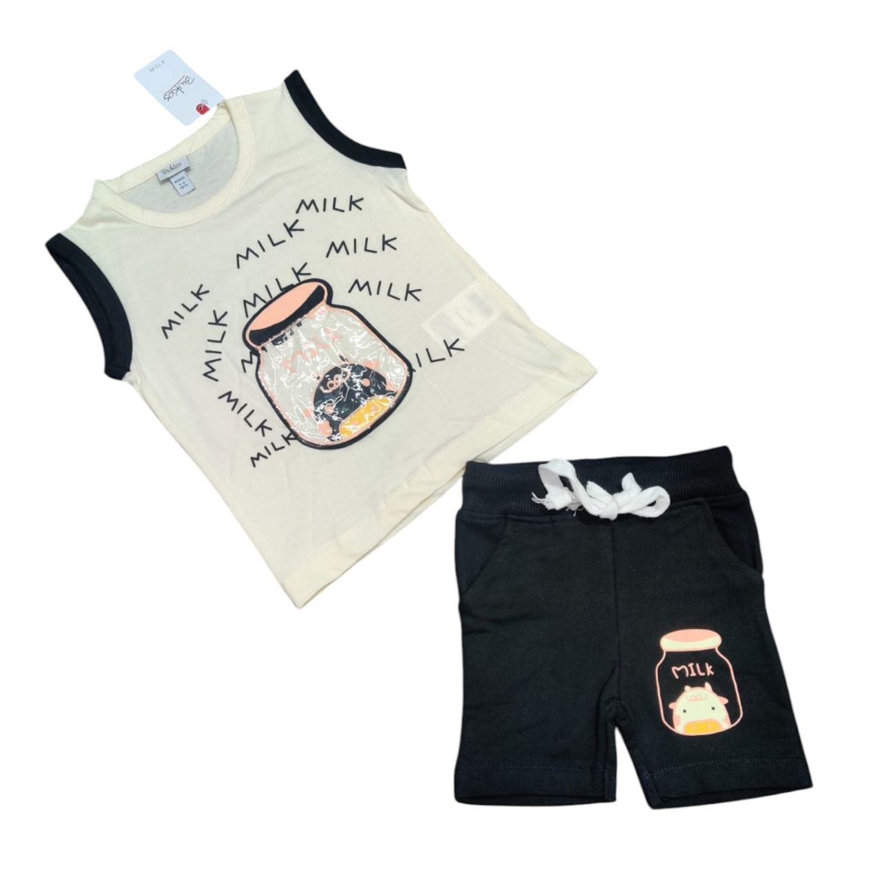 Sleeveless Pure Cotton T-shirt with Shorts ( Milk )