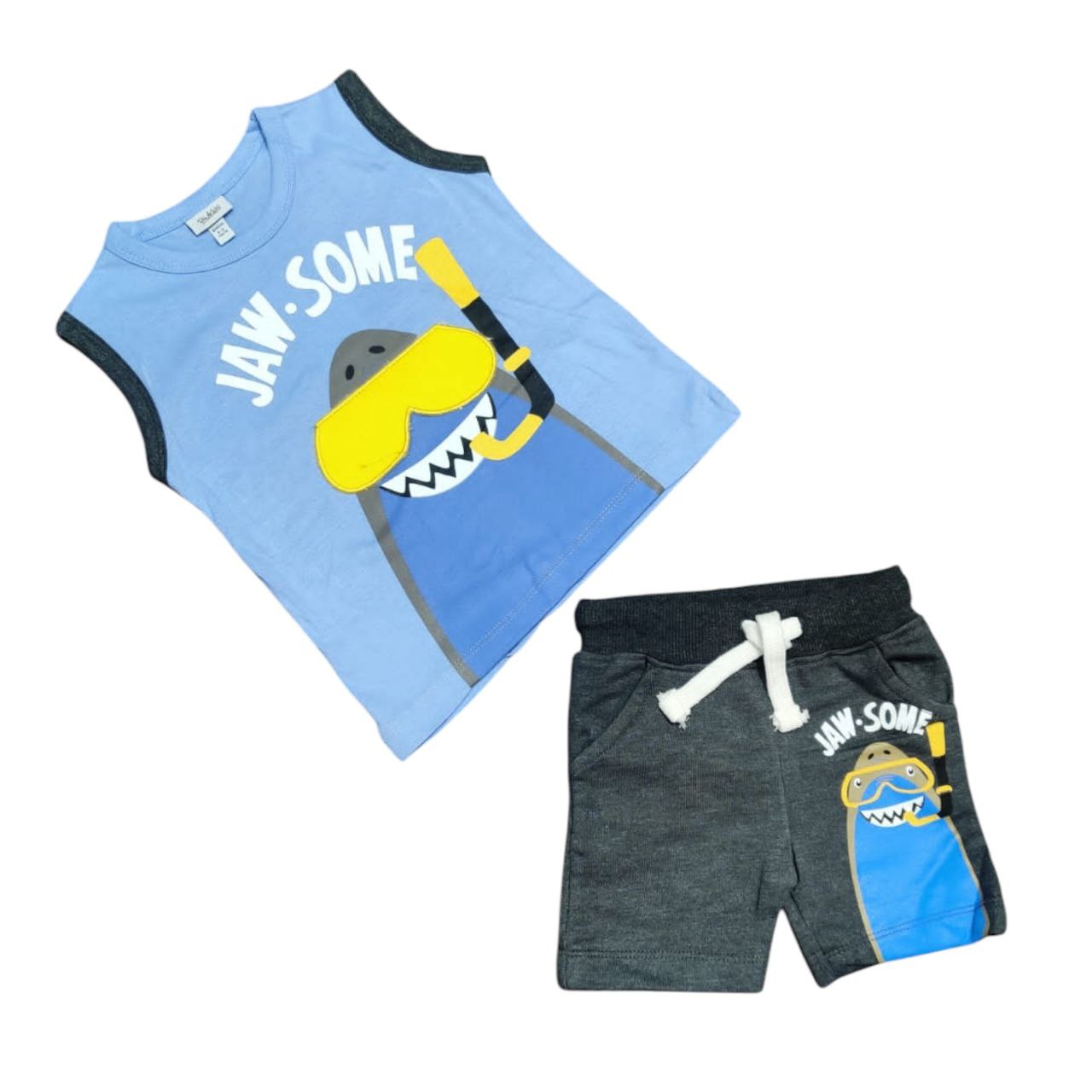 Sleeveless Pure Cotton T-shirt with Shorts ( BLUE SHARK)