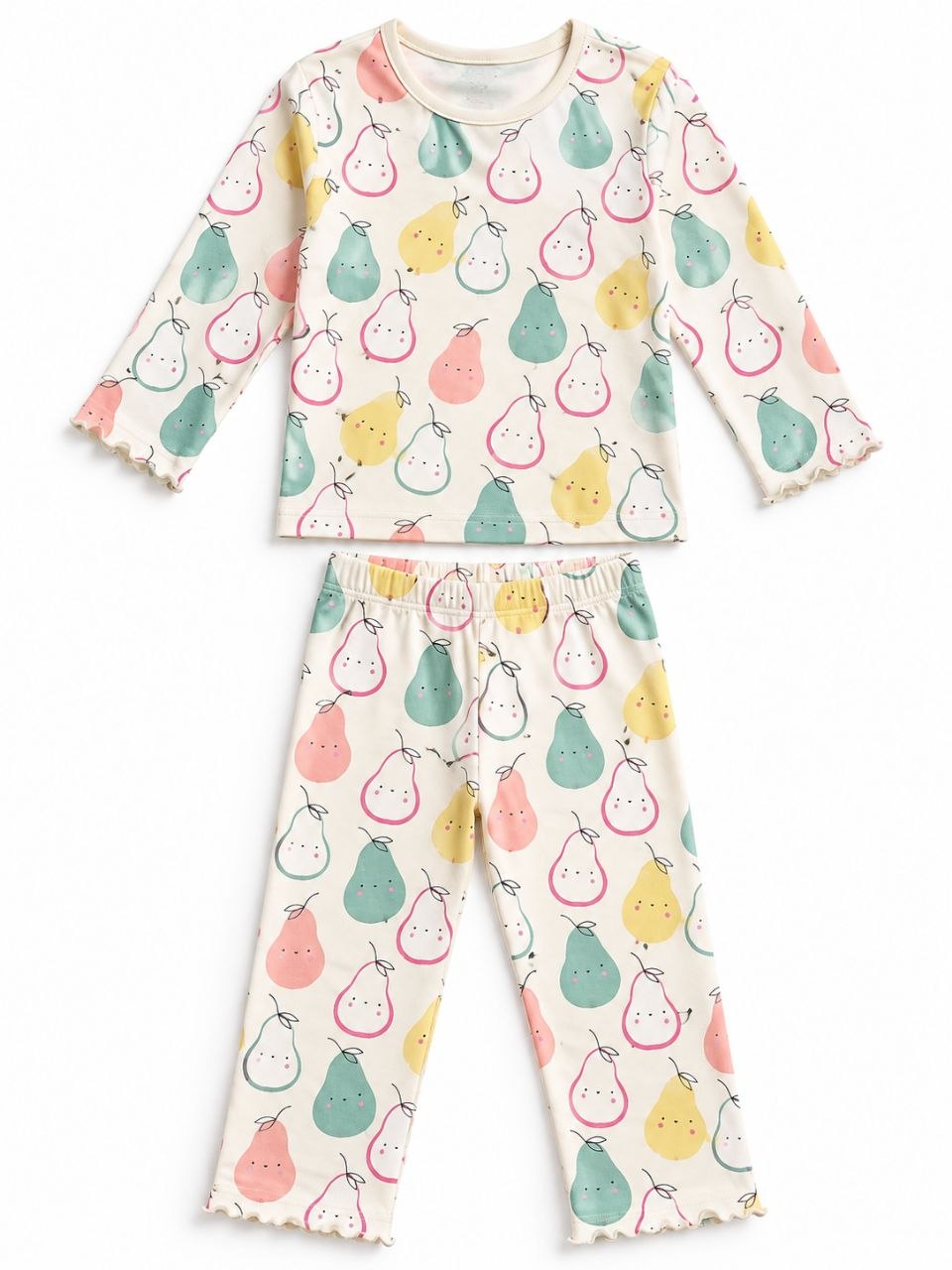 Girls’ Cute Pear Print 2-Piece Night Suit Set – Full Sleeve Pajamas