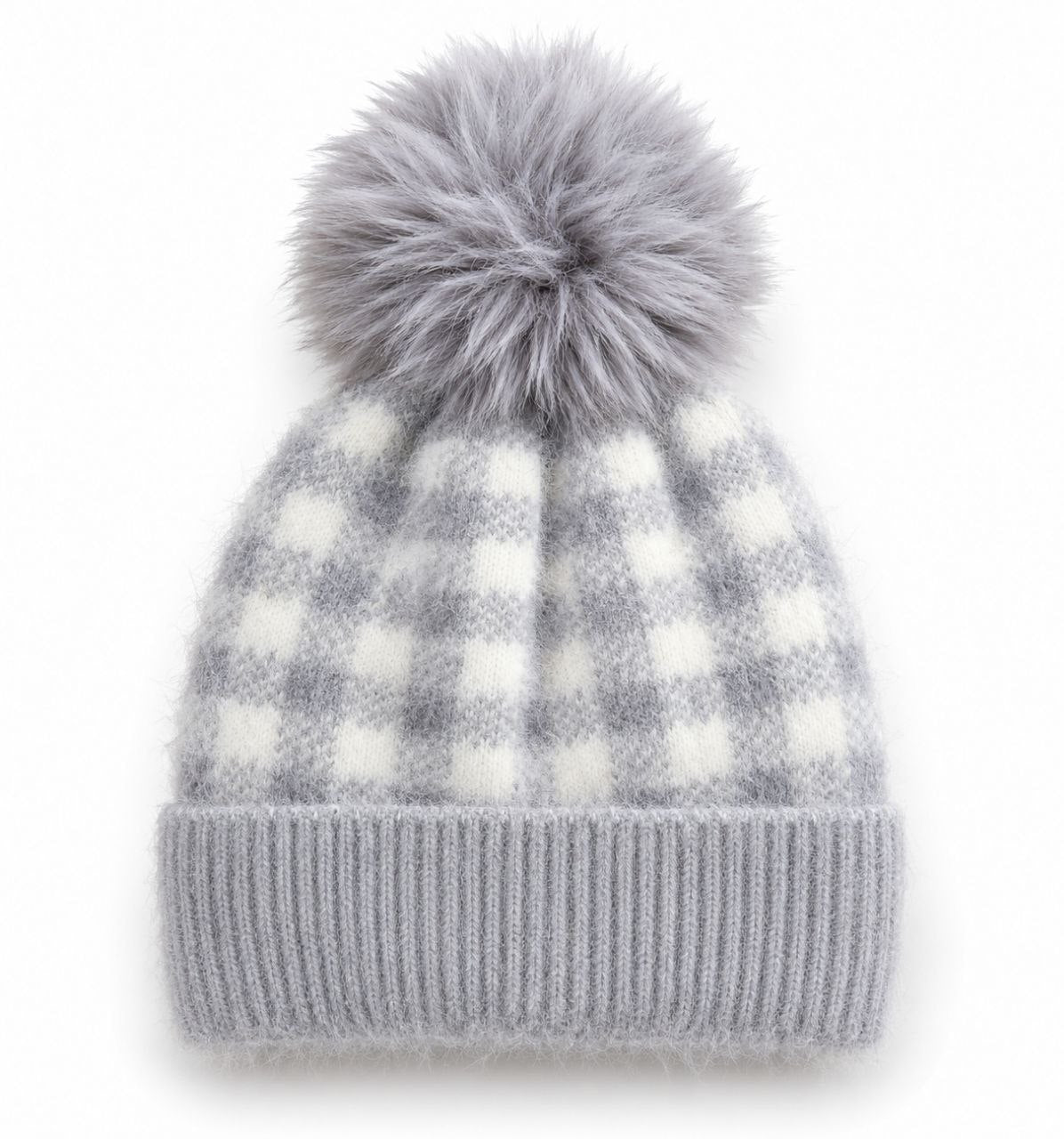 Girls Grey & White Checkered Faux Fur Pom-Pom Winter Beanie
