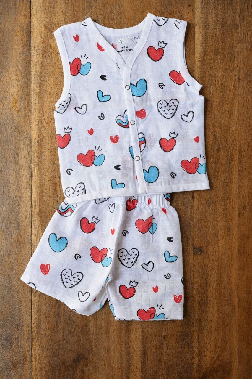 Baby Girls Heart Print Cotton Co-Ord Set (Sleeveless Top & Shorts)