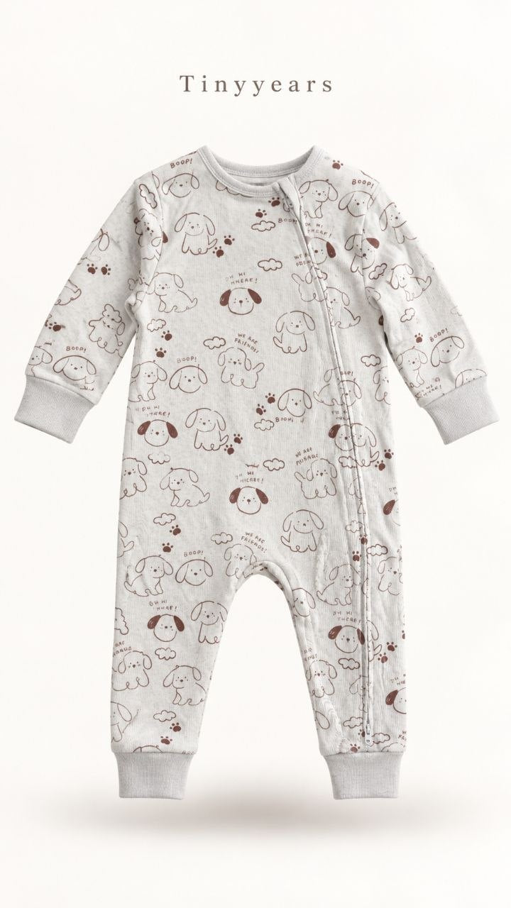 Puppy Print Ribbed Baby Sleepsuit – Full Sleeve Zip Jumpsuit
