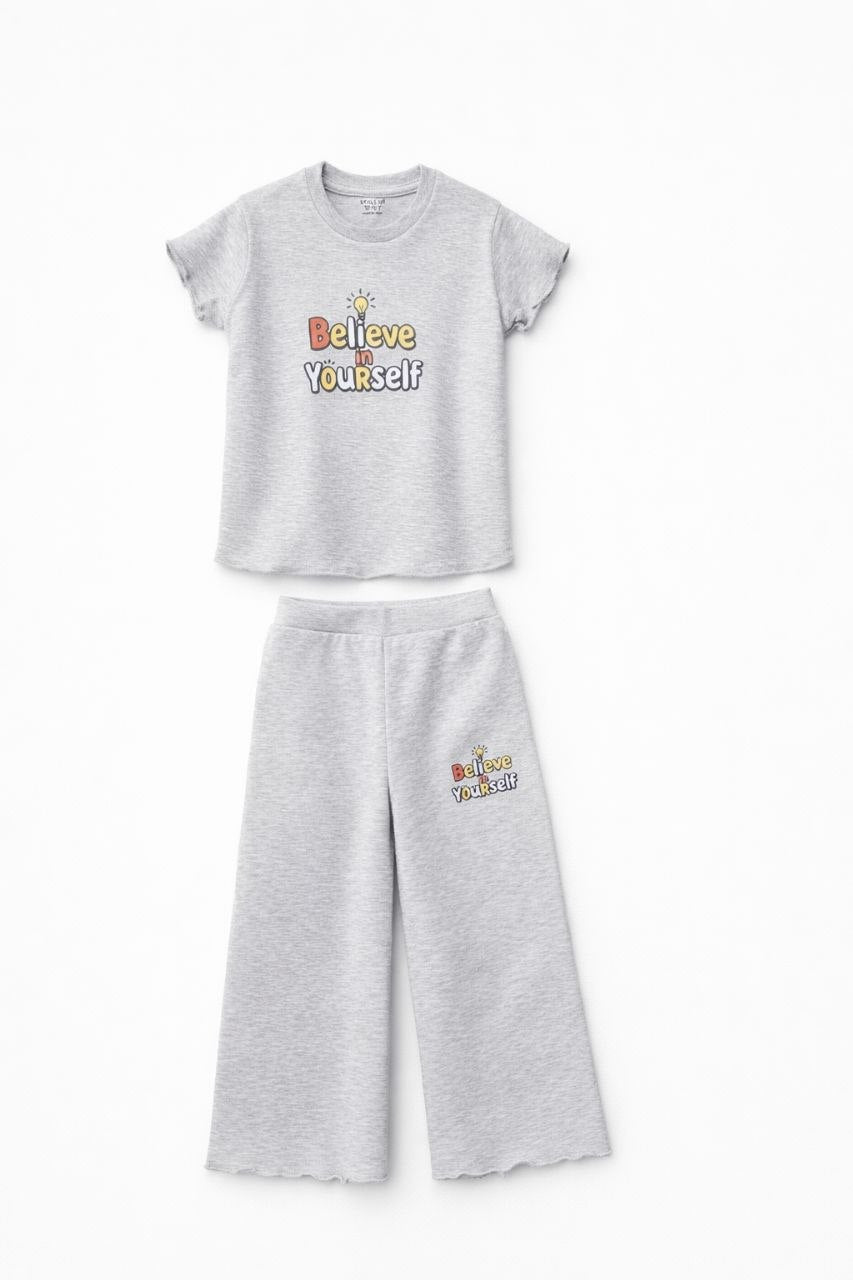 Girls Grey “Believe in Yourself” Co-Ord Set – Ribbed Top & Flared Pants