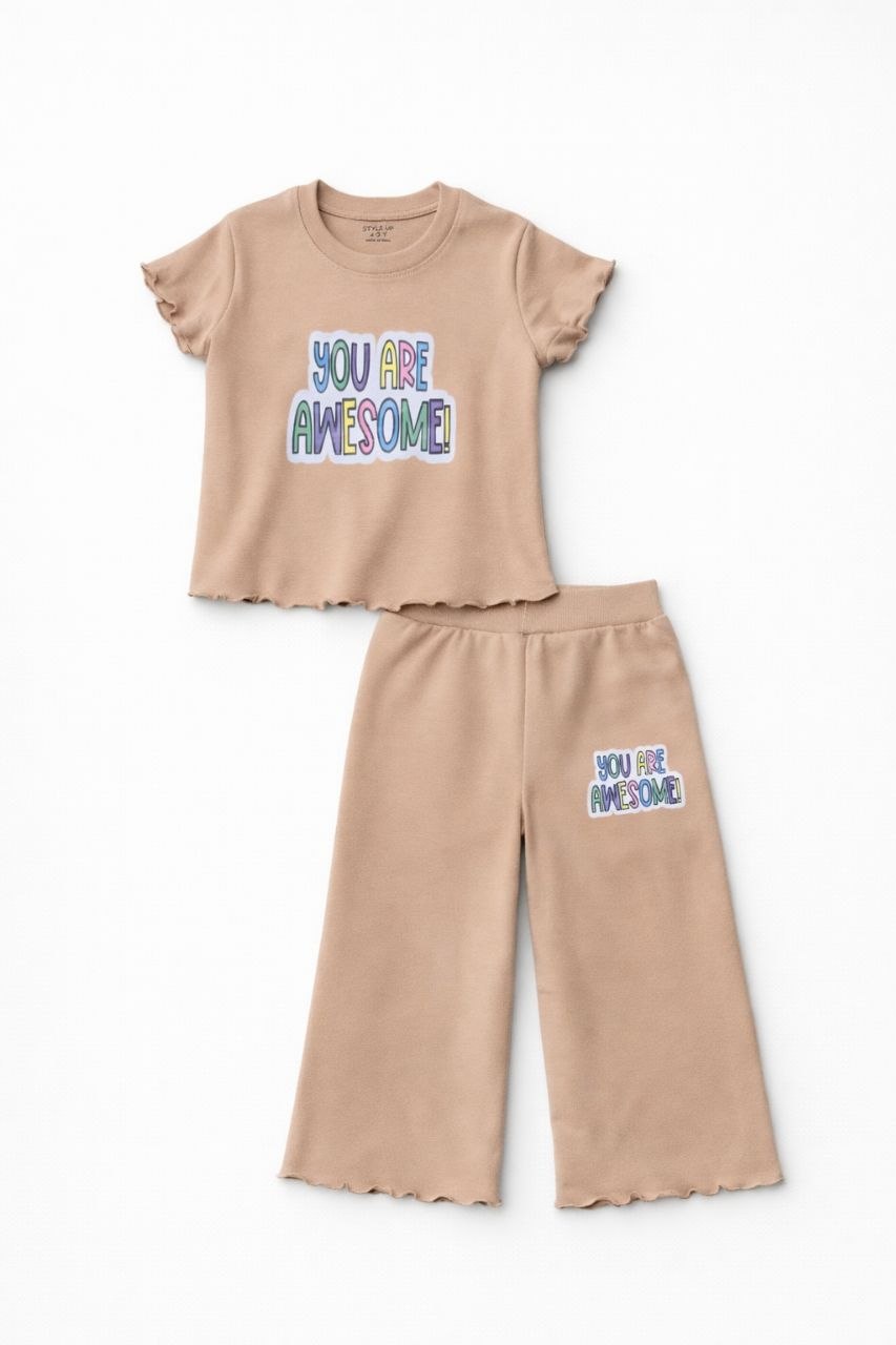 Girls Beige “You Are Awesome” Co-Ord Set – Ribbed Top & Flared Pants