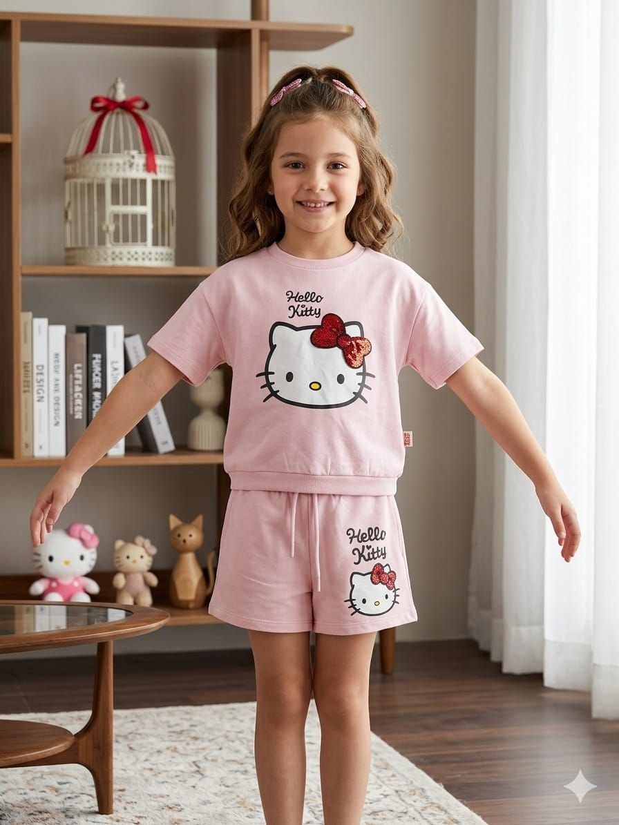 Girls Hello Kitty Cotton Co-ord Set – Pink T-Shirt & Shorts (2-Piece Lounge Set)