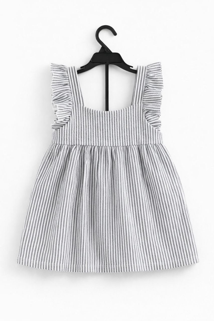 Girls Grey Stripe Frill Sleeve Dress – Minimal Cotton Summer Dress