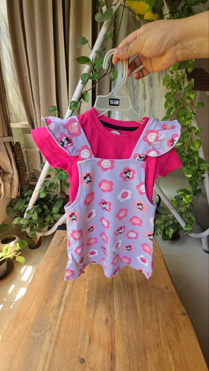 Girls Pink Layered Dress Set with Floral Print – Cotton T-Shirt & Pinafore Outfit
