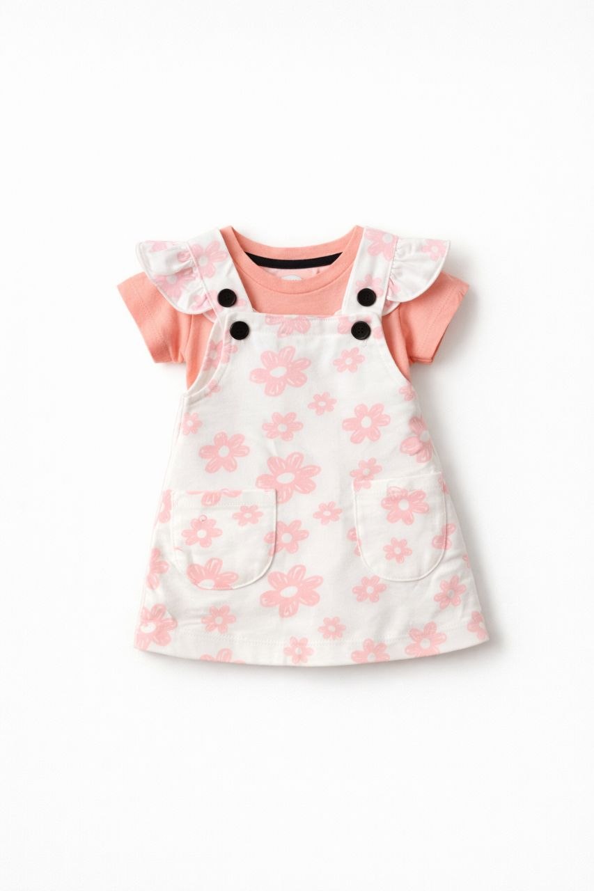 Baby Girl Floral Pinafore Dress Set – Peach T-Shirt with Pink Daisy Print Dungaree