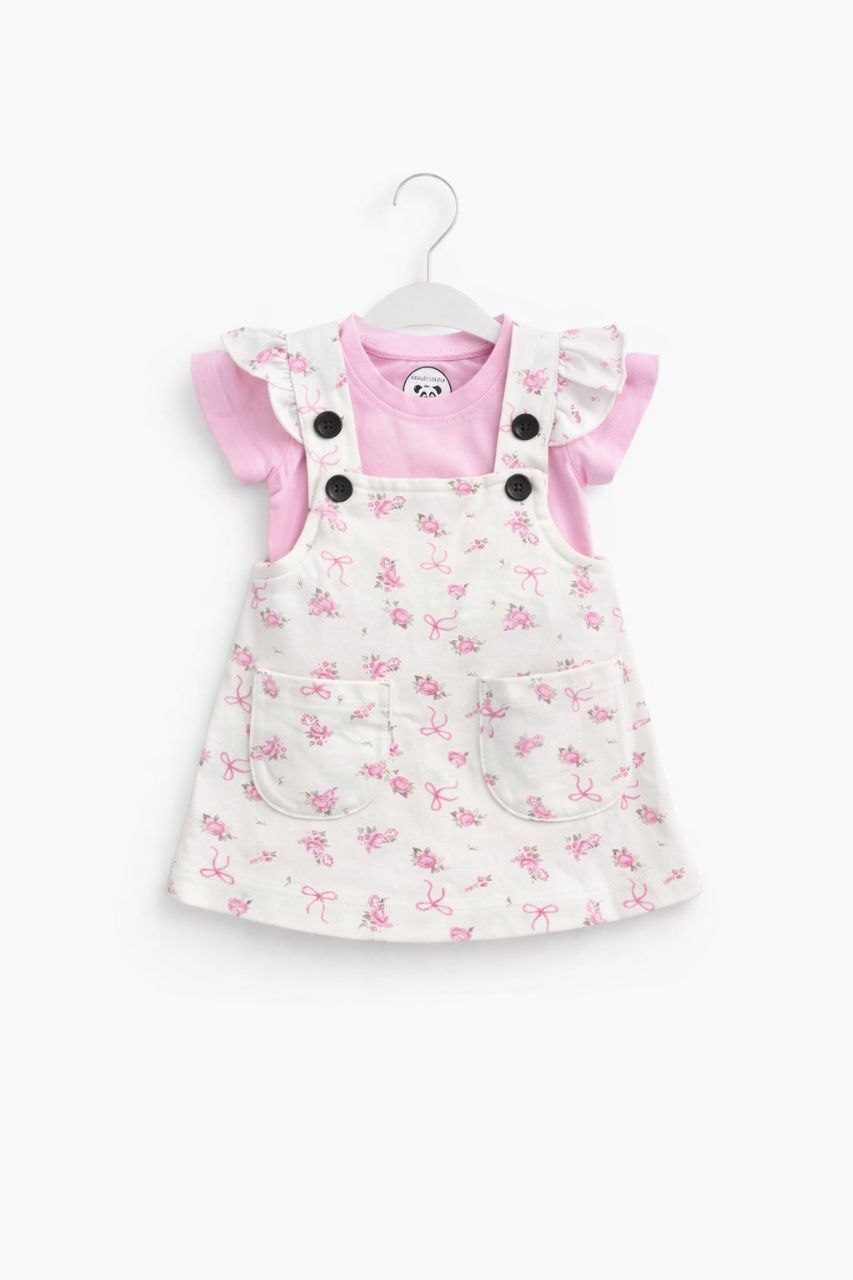 Baby Girl Floral Pinafore Dress Set – Cream Rose Print Dungaree with Pink T-Shirt