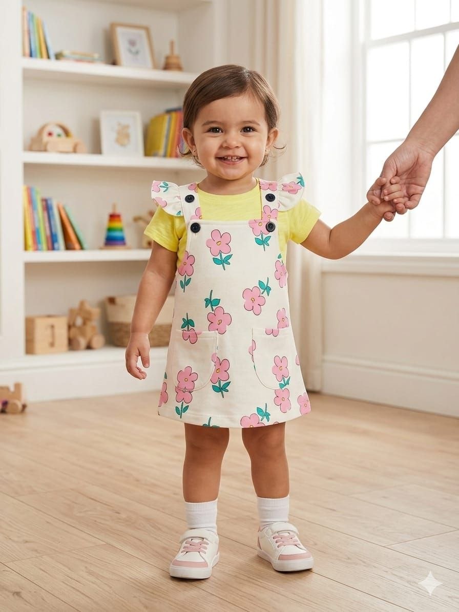 Girls Floral Pinafore Dress Set – Cream Printed Dungaree Dress with Yellow T-Shirt