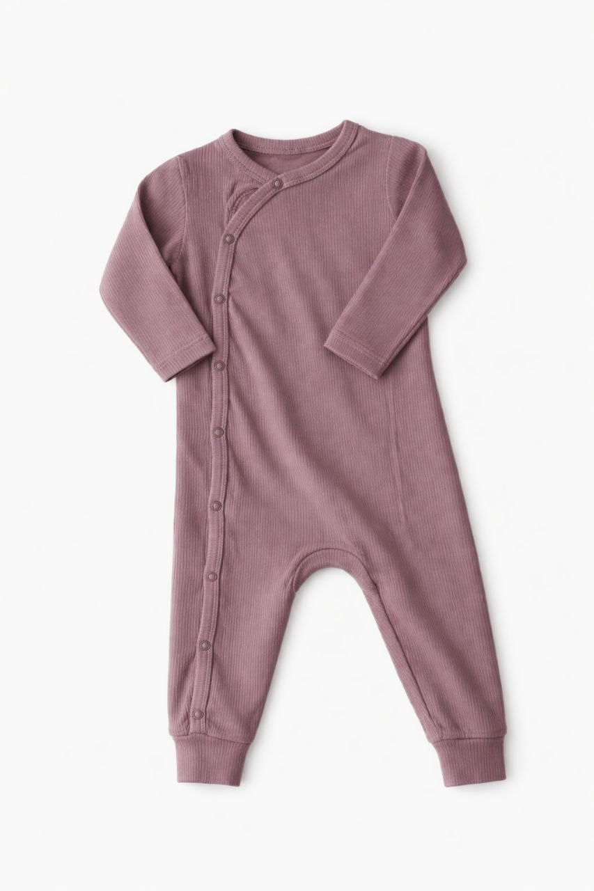 Baby Unisex Ribbed Cotton Sleepsuit – Mauve Side-Snap Full Sleeve Onesie