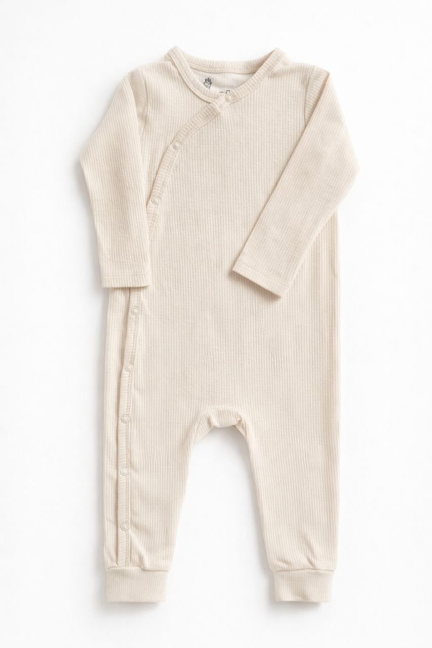 Baby Unisex Ribbed Cotton Sleepsuit – Cream Side-Snap Full Sleeve Onesie