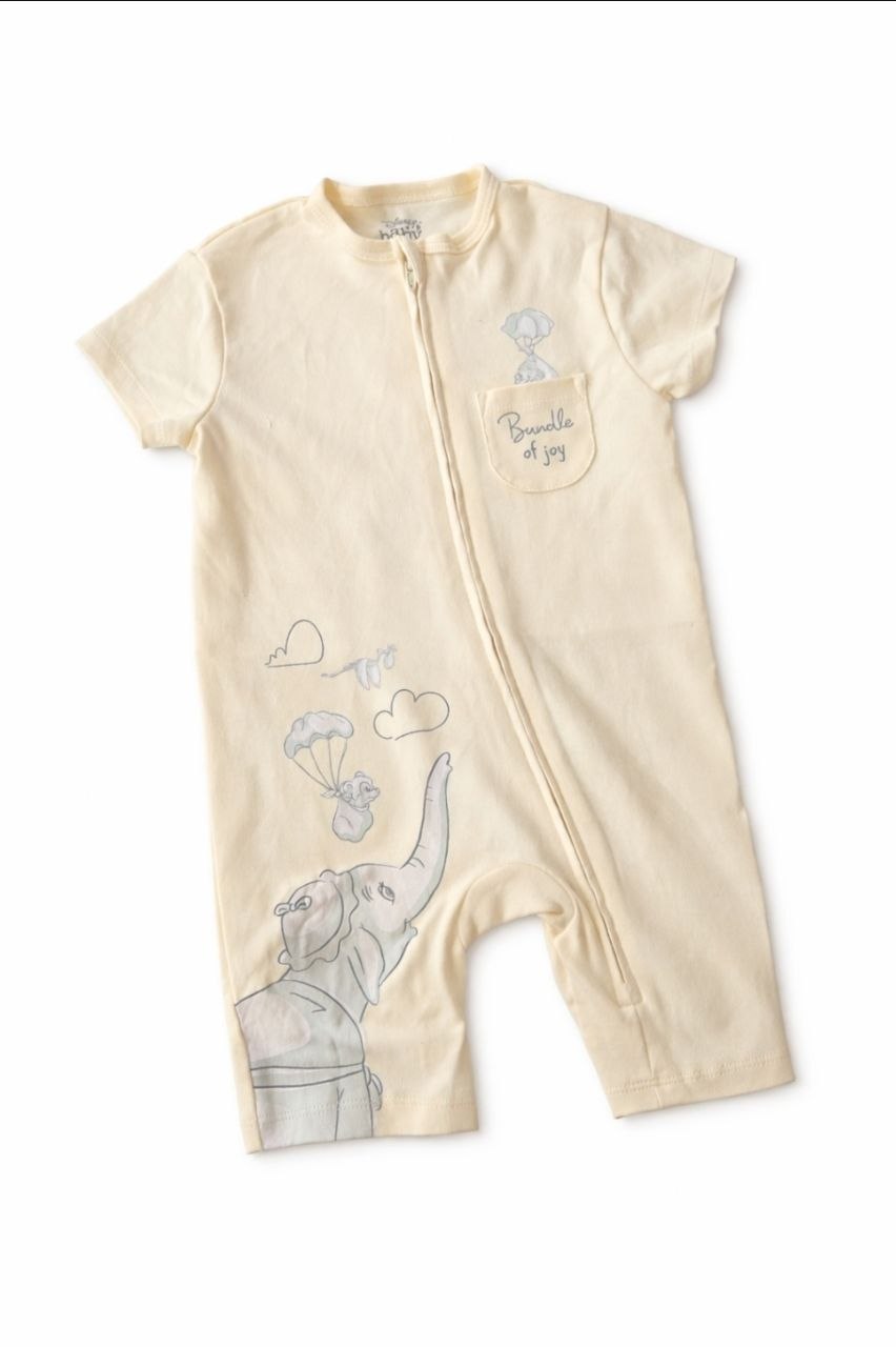 Baby Unisex Cotton Zip Romper – “Bundle of Joy” Elephant Print Half Sleeve Onesie