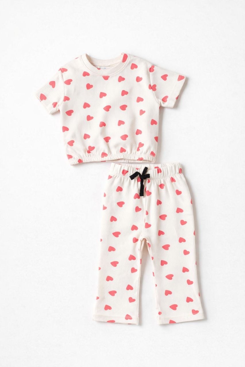 Sweetheart Print Kids Co-ord Set – Ribbed Tee & Pants