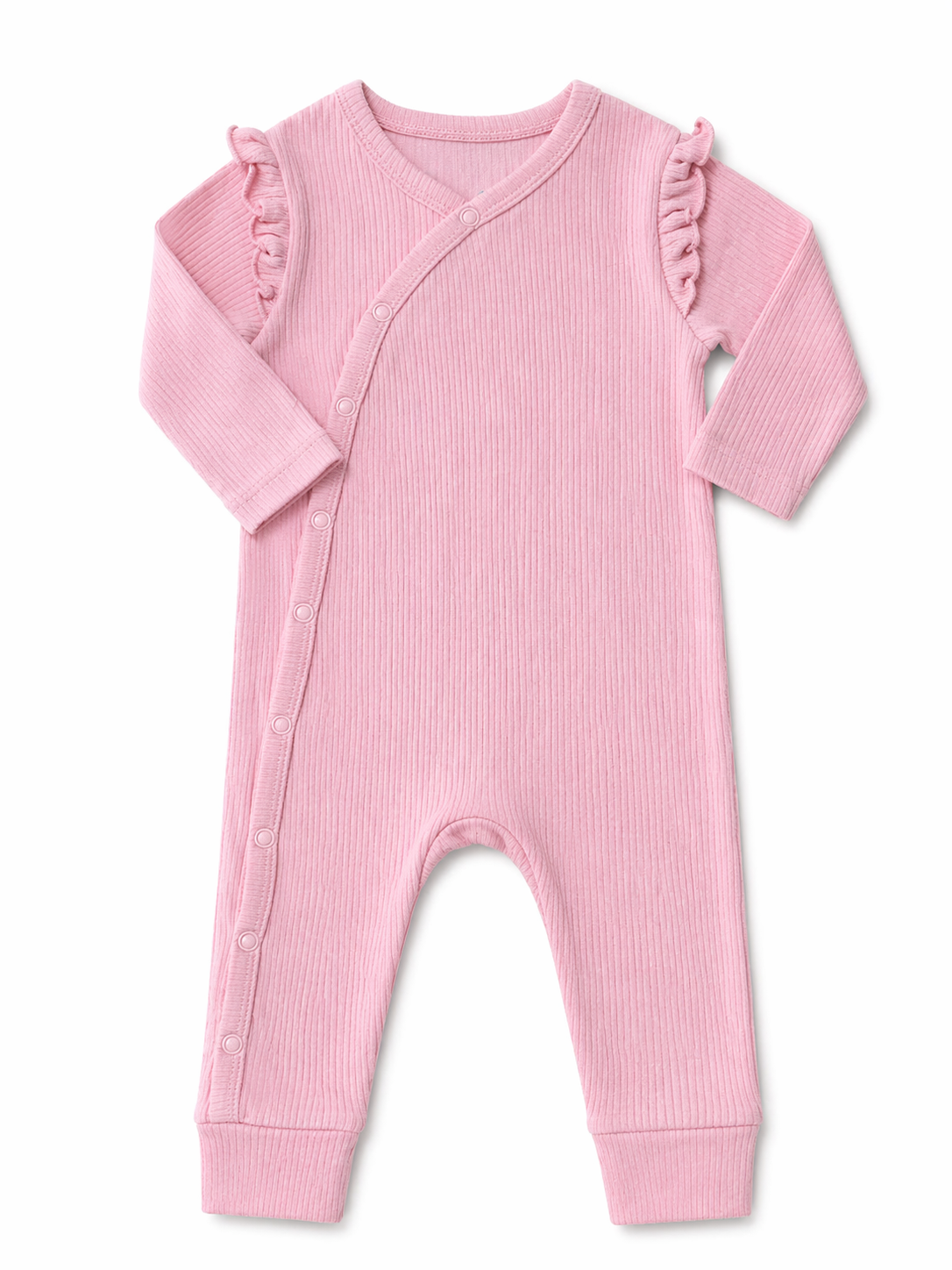 Blush Pink Ribbed Baby Romper with Frill Shoulders – Wrap Style