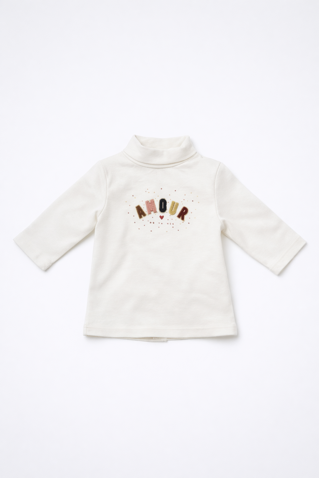 Ivory High Neck Full Sleeve Kids T-Shirt – “Amour” Embroidered Winter Top