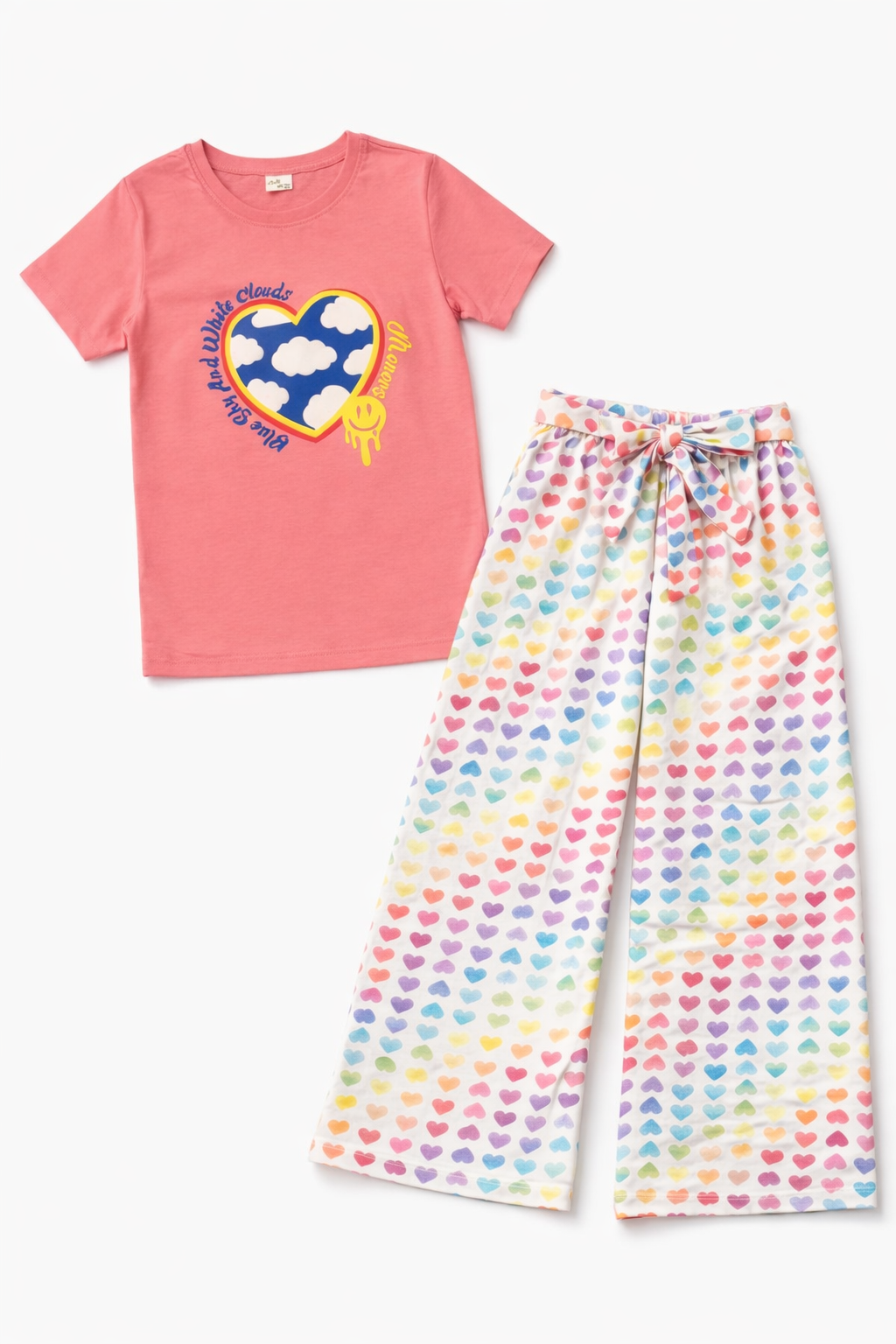 Girls Peach Heart Print T-Shirt & Rainbow Palazzo Set