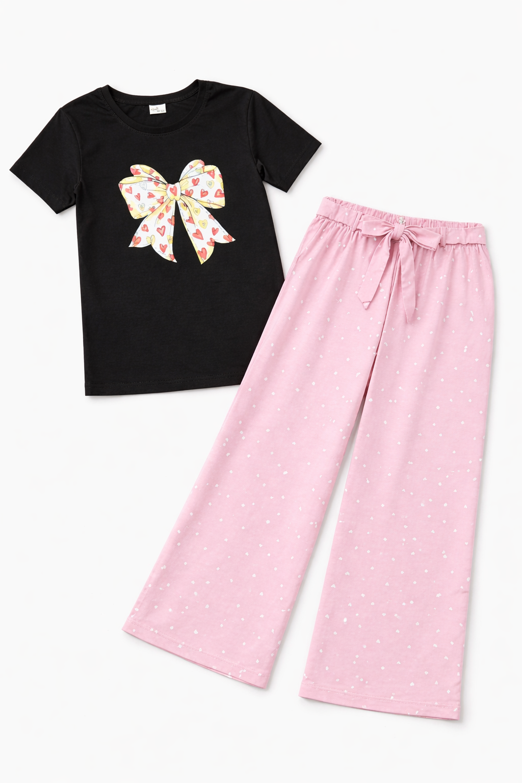 Girls Black Bow Print T-Shirt & Pink Palazzo Co-Ord Set