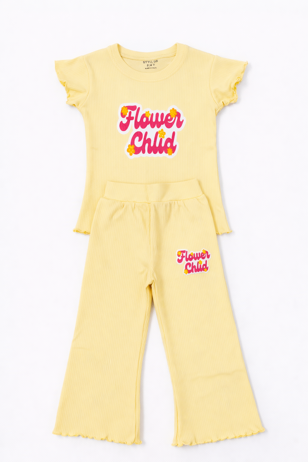Girls Yellow “Flower Child” Co-Ord Set – Ruffle Sleeve Top & Flared Pants