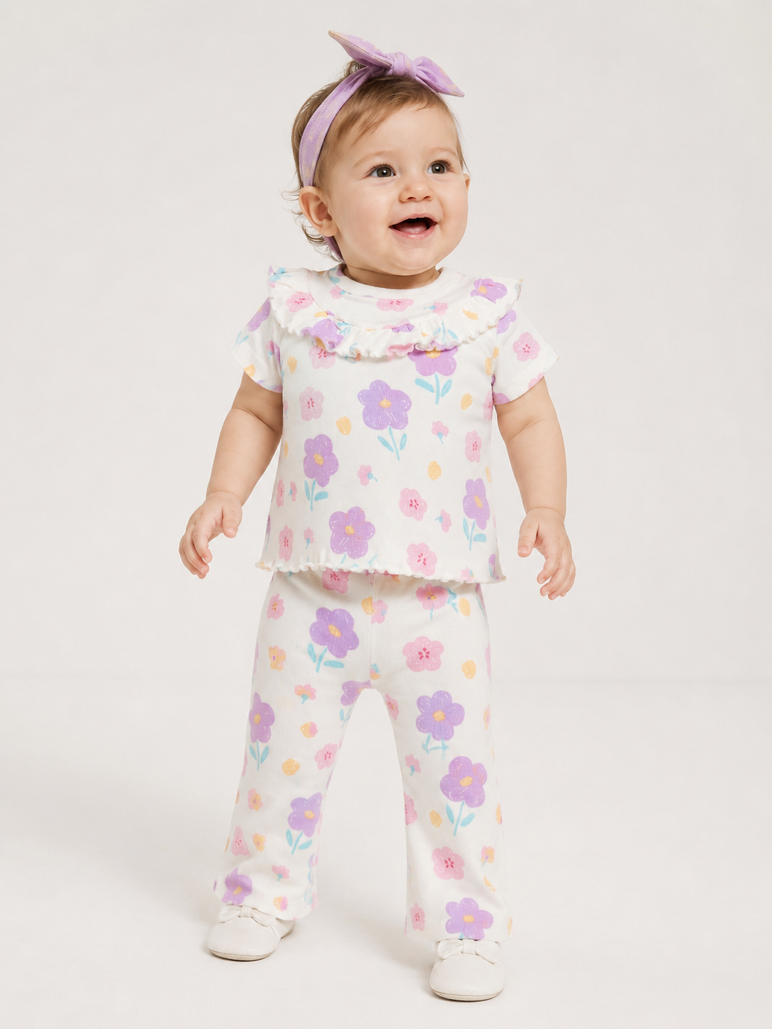 Pastel Floral Ribbed Co-ord Set for Baby Girls – Soft Cotton Lounge Wear