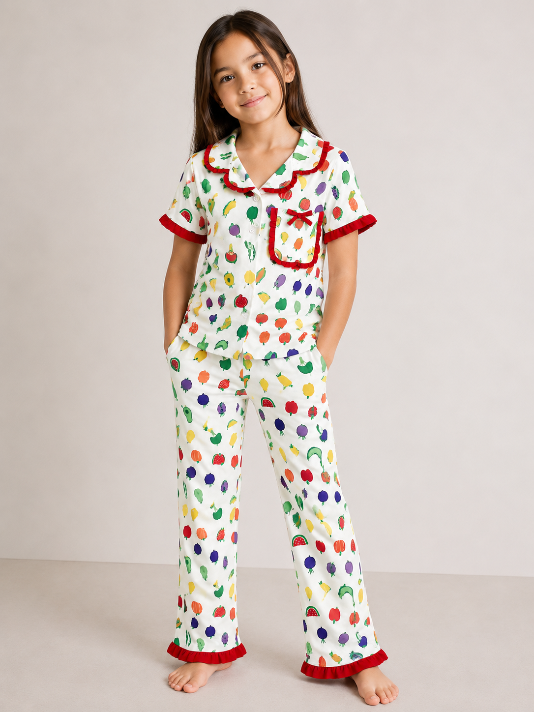 Girls Fruity Garden Frill Pajama Set – White Multi-Color