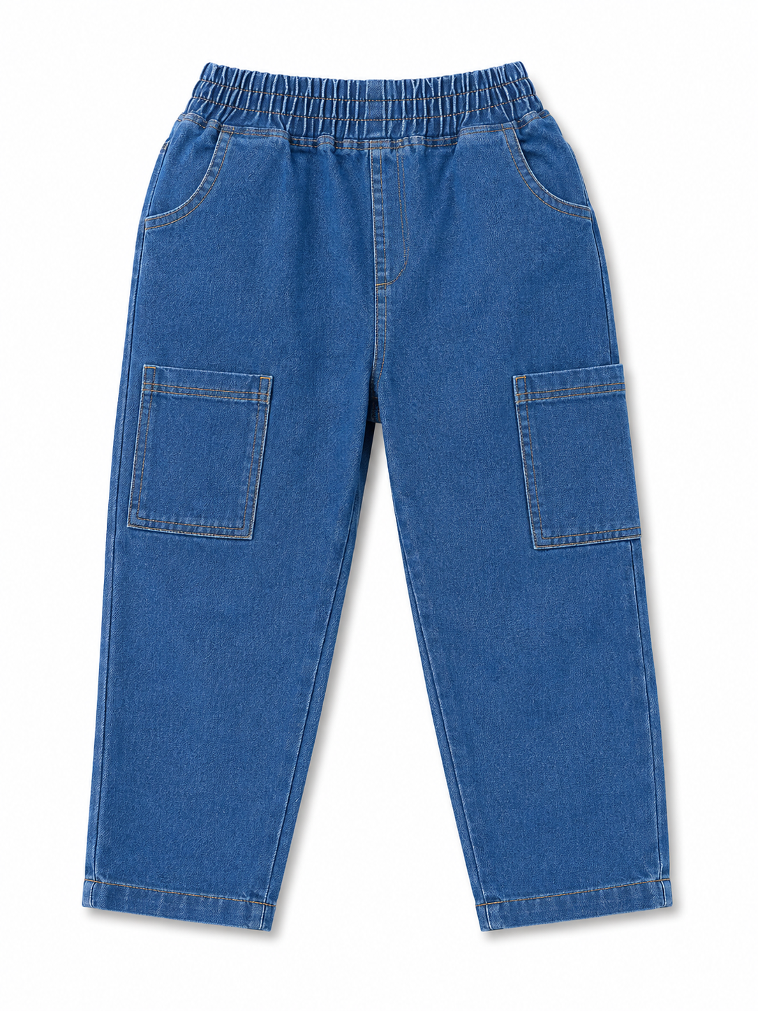 Kids Blue Denim Cargo Pants – Elastic Waist Utility Jeans