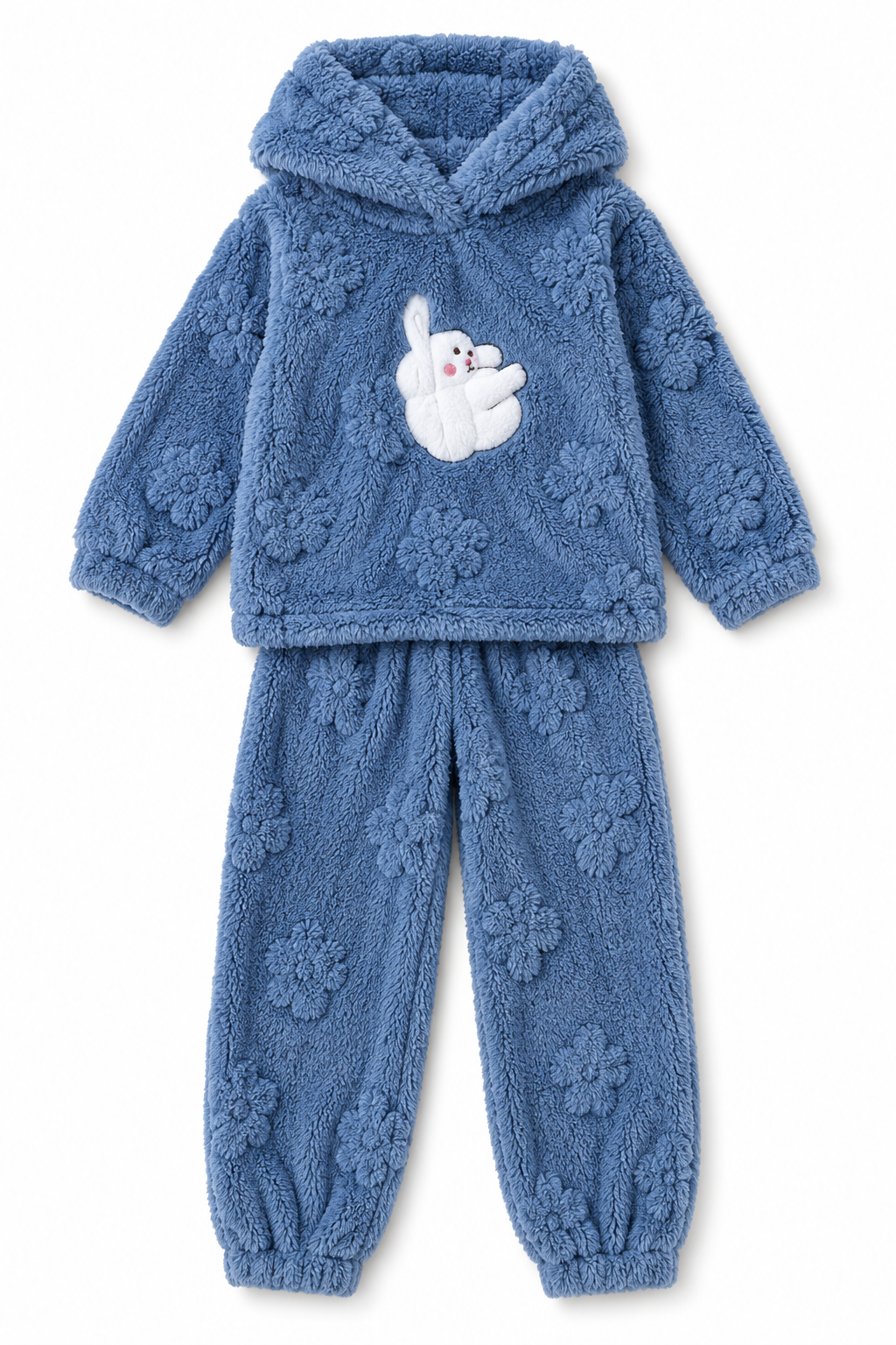 Kids Fleece Hooded Winter Tracksuit Set – Floral Bunny Print | 2 Pc Warm & Cozy Set