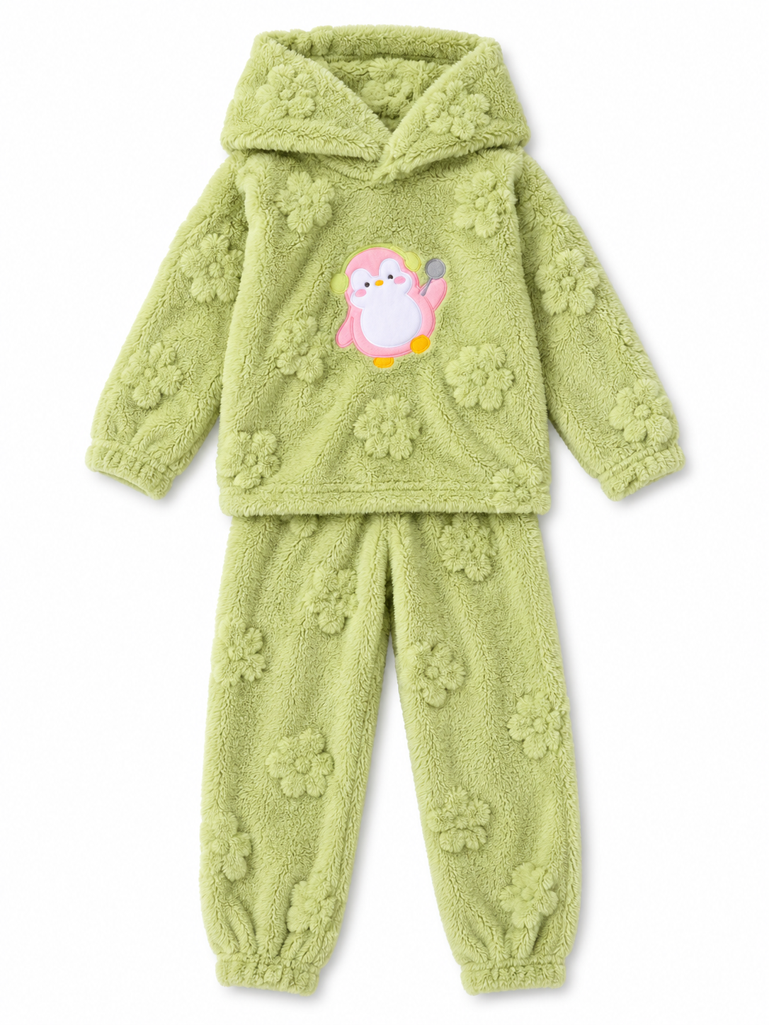 Girls Fleece Hooded Winter Tracksuit Set – Floral Penguin Print | 2 Pc Warm & Cozy Set
