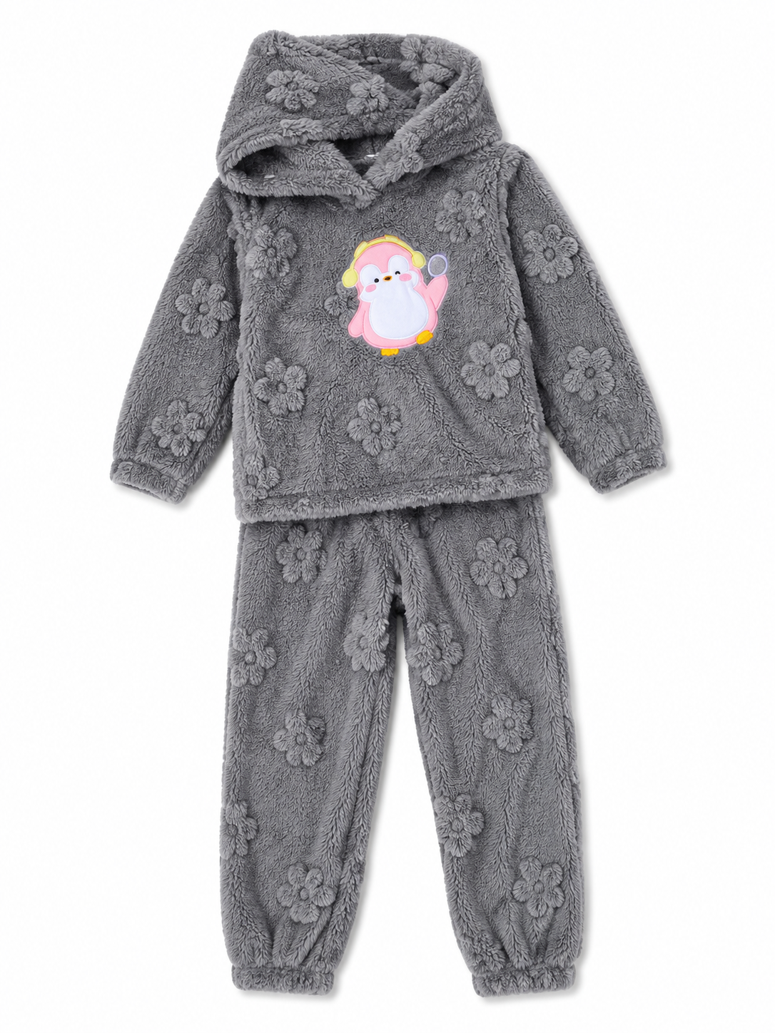 Kids Fleece Hooded Winter Tracksuit Set – Floral Print | 2 Pc Warm & Cozy Set