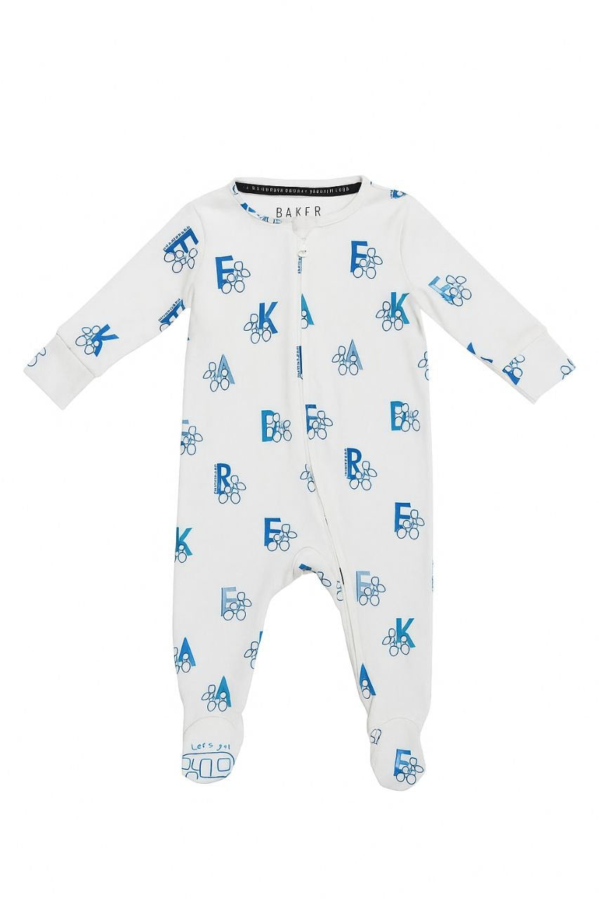 White Baby Sleepsuit with Blue Letter Print