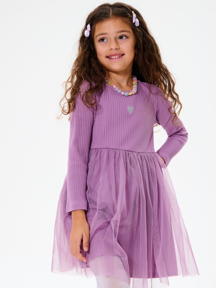 Purple Ribbed Tulle Dress for Girls