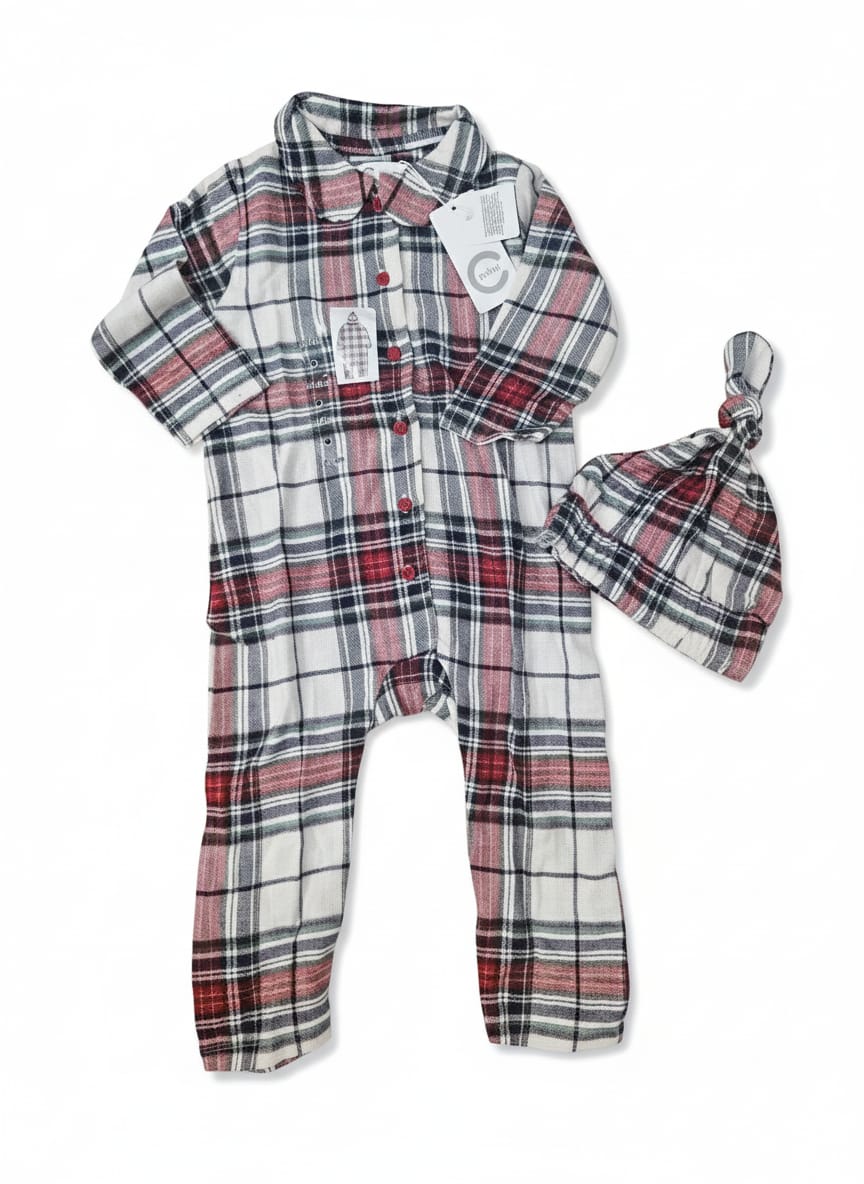 Red & Grey Checkered Flannel Sleepsuit with Cap