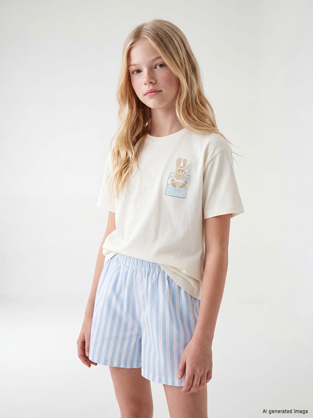 Girls Bunny Pocket T-Shirt & Blue Stripe Shorts Pajama Set