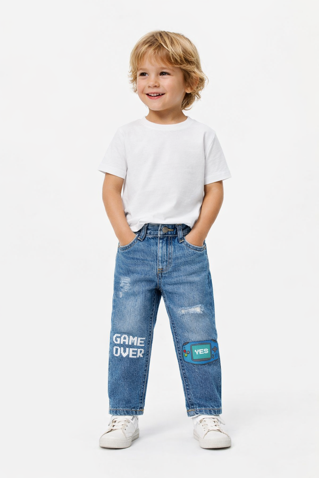 Kids Game Over Denim Jeans – Blue Gaming Patch Jeans