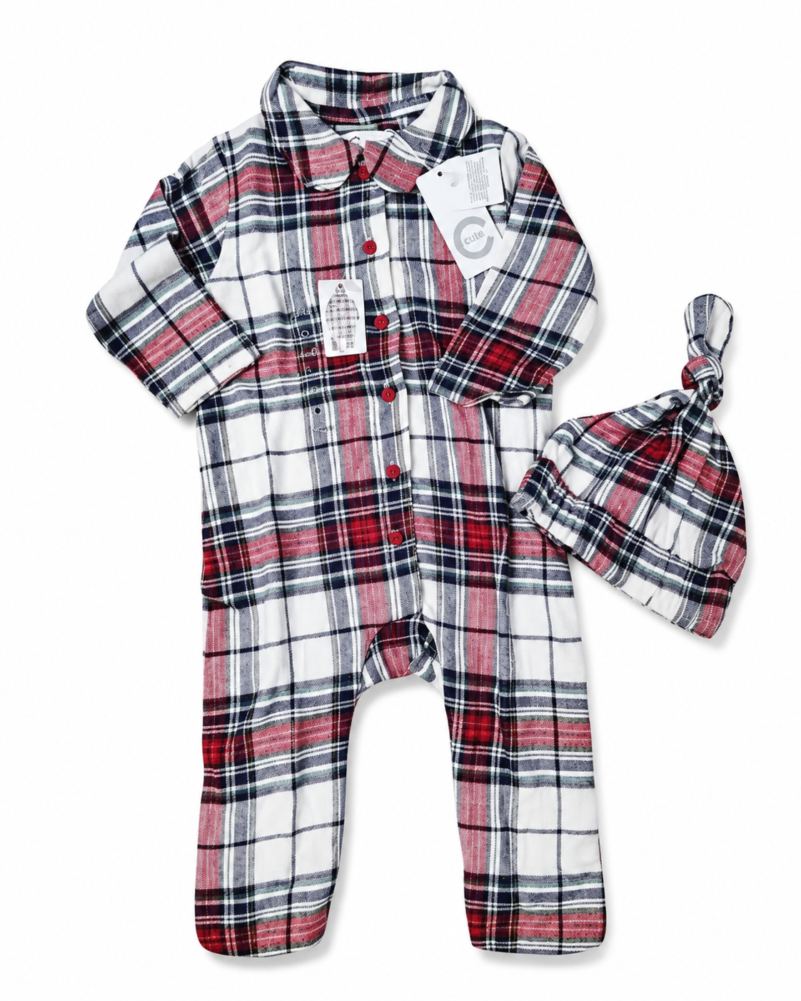 Red & Grey Checkered Flannel Sleepsuit with Cap